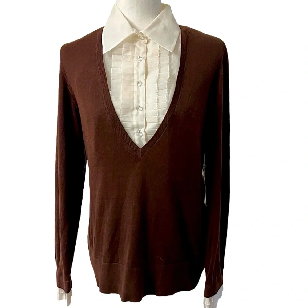 Worth V neck pullover sweater chestnut brown cream tuxedo dickie large NWT